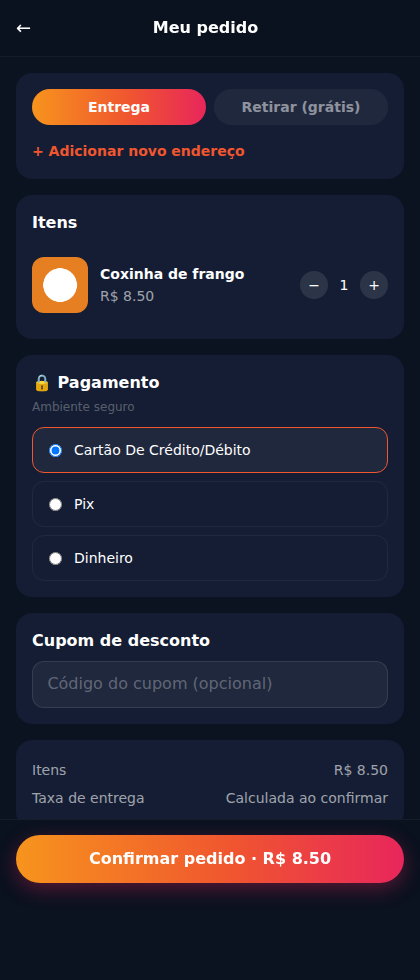 Tela de checkout do app