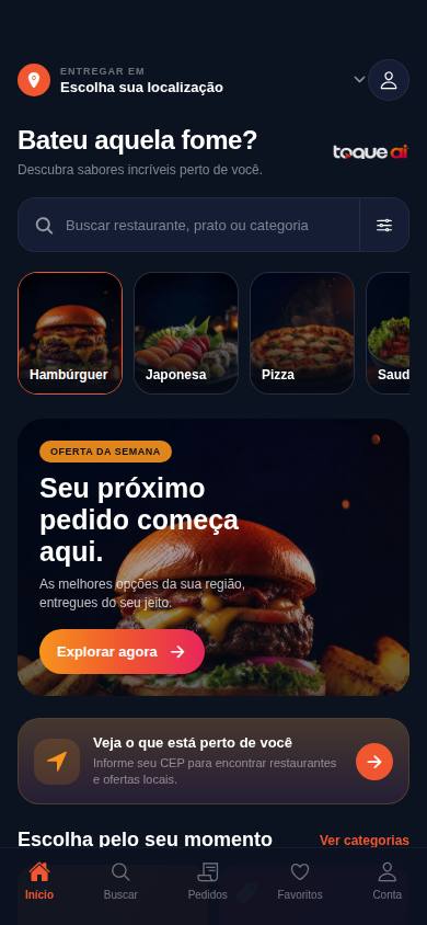 Tela inicial do app Toque Aí Food