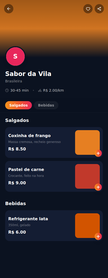 Página da loja no app